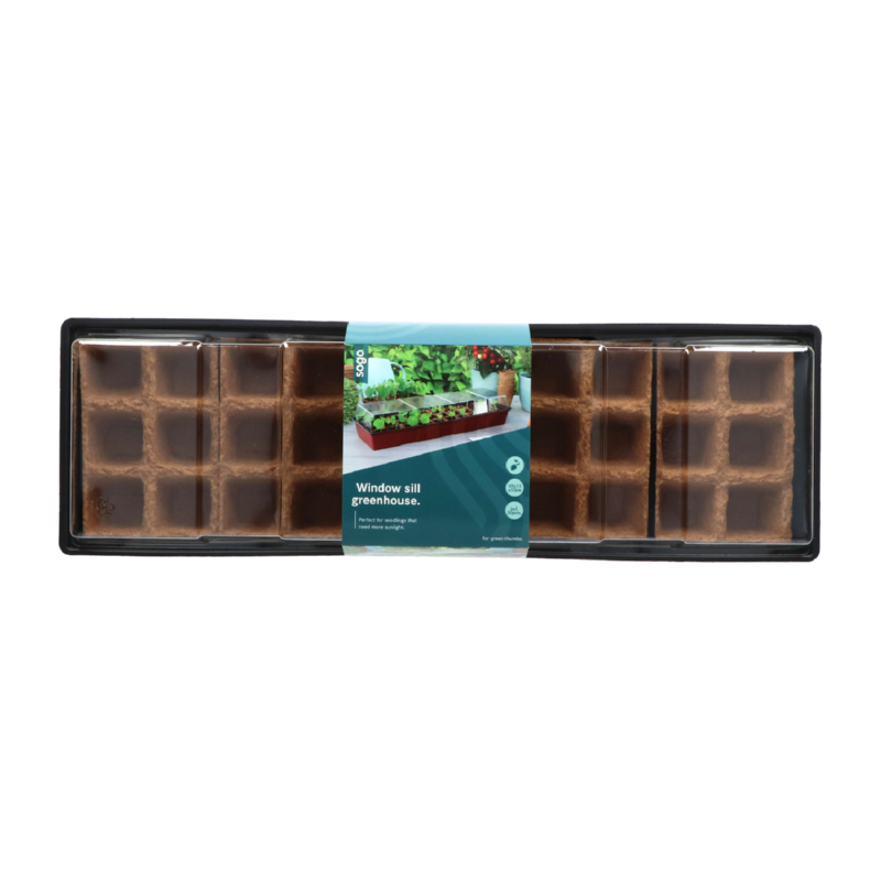 Vensterbank kweekkas + 30pots 4x4cm 
Afmeting 49x15x5,5cm