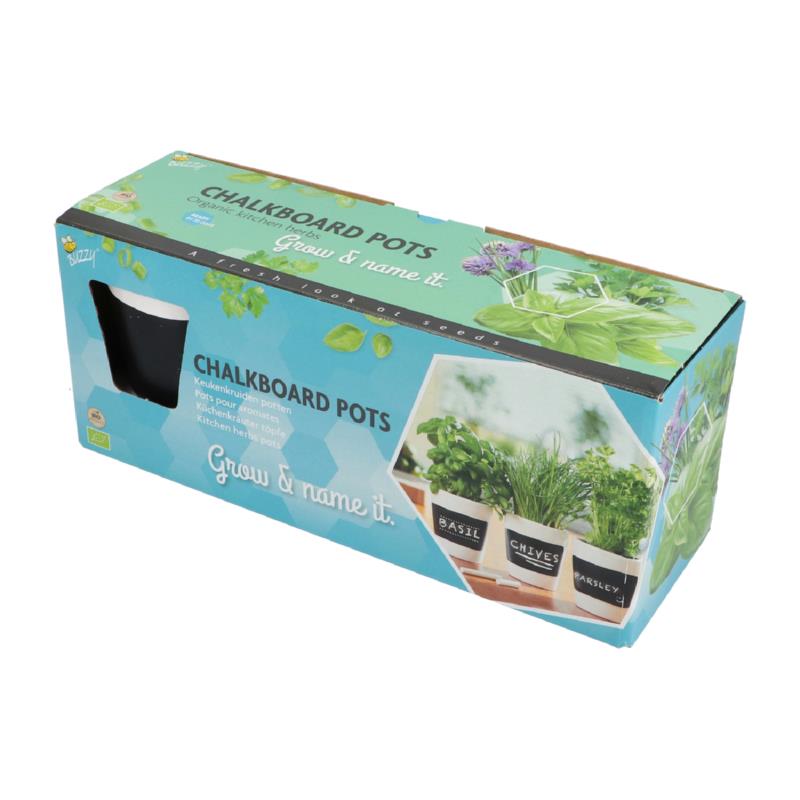 Kruiden set, drie witte potten met krijt en aarde