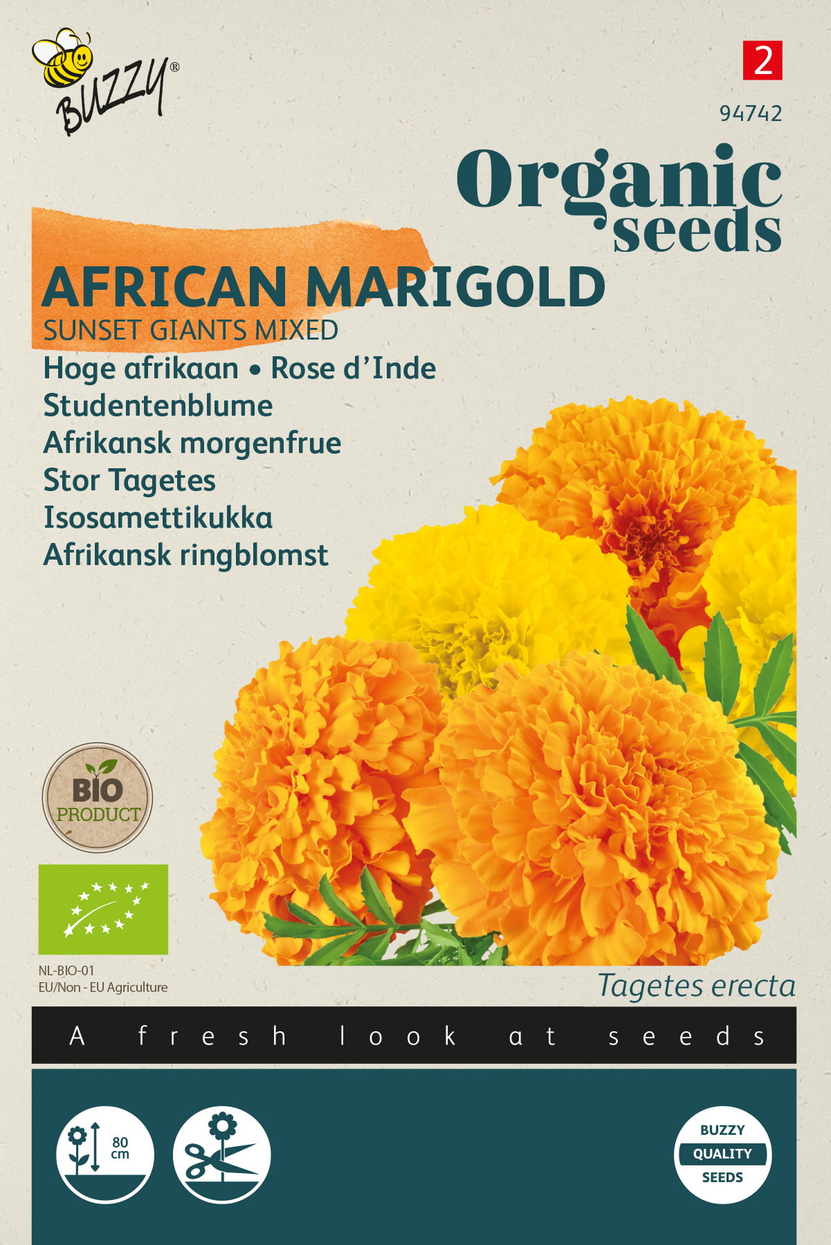 Buzzy Biologische Tagetes Zaden Afrikaan Sunset Giants Gemengd